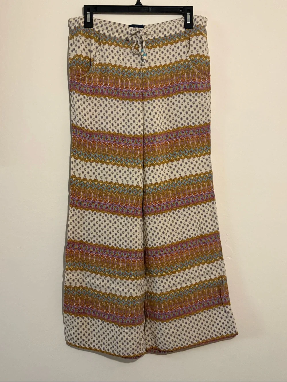 American Eagle Boho Wide Leg Palazzo Pants Paisley Beaded Drawstring